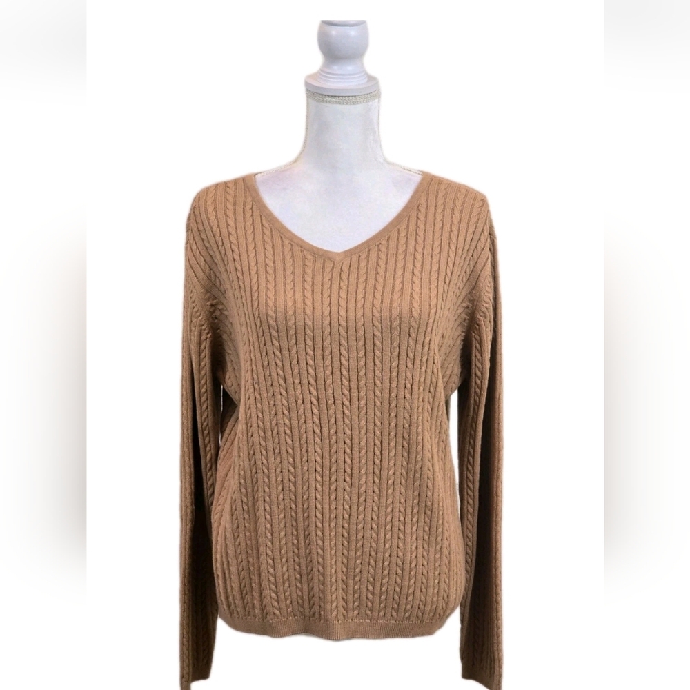 Vintage Y2K Austin Clothing Co. Sweater Women’s L V-Neck Cable Knit Tan Cotton